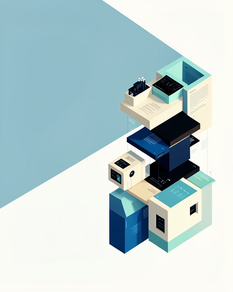 Modular blue, teal, and ivory system forms rise across an open pale blue field